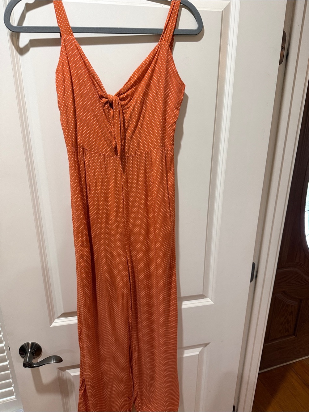Sadie & Sage Orange Polka Dot Cropped Jumpsuit with Front Tie
